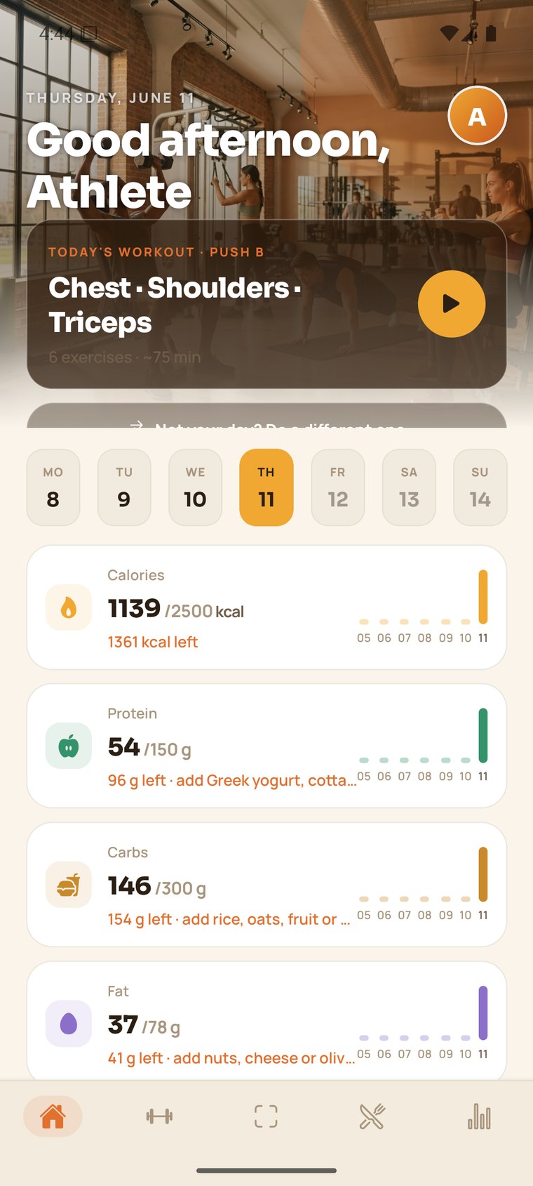 Veya home screen showing today's workout and live macro tracking
