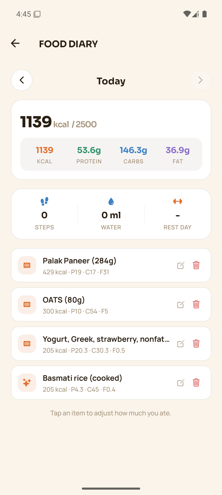 Veya food diary with daily macros