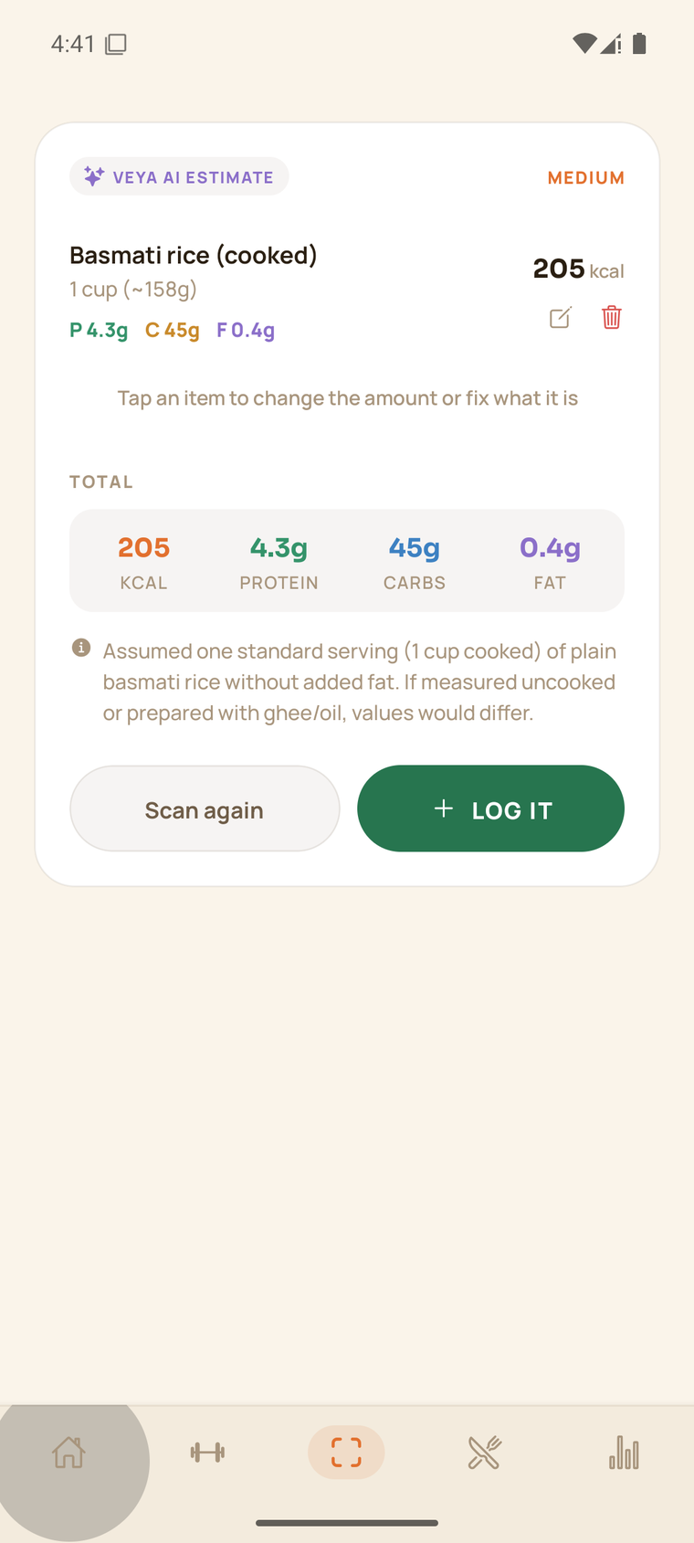 Veya AI macro estimate for basmati rice