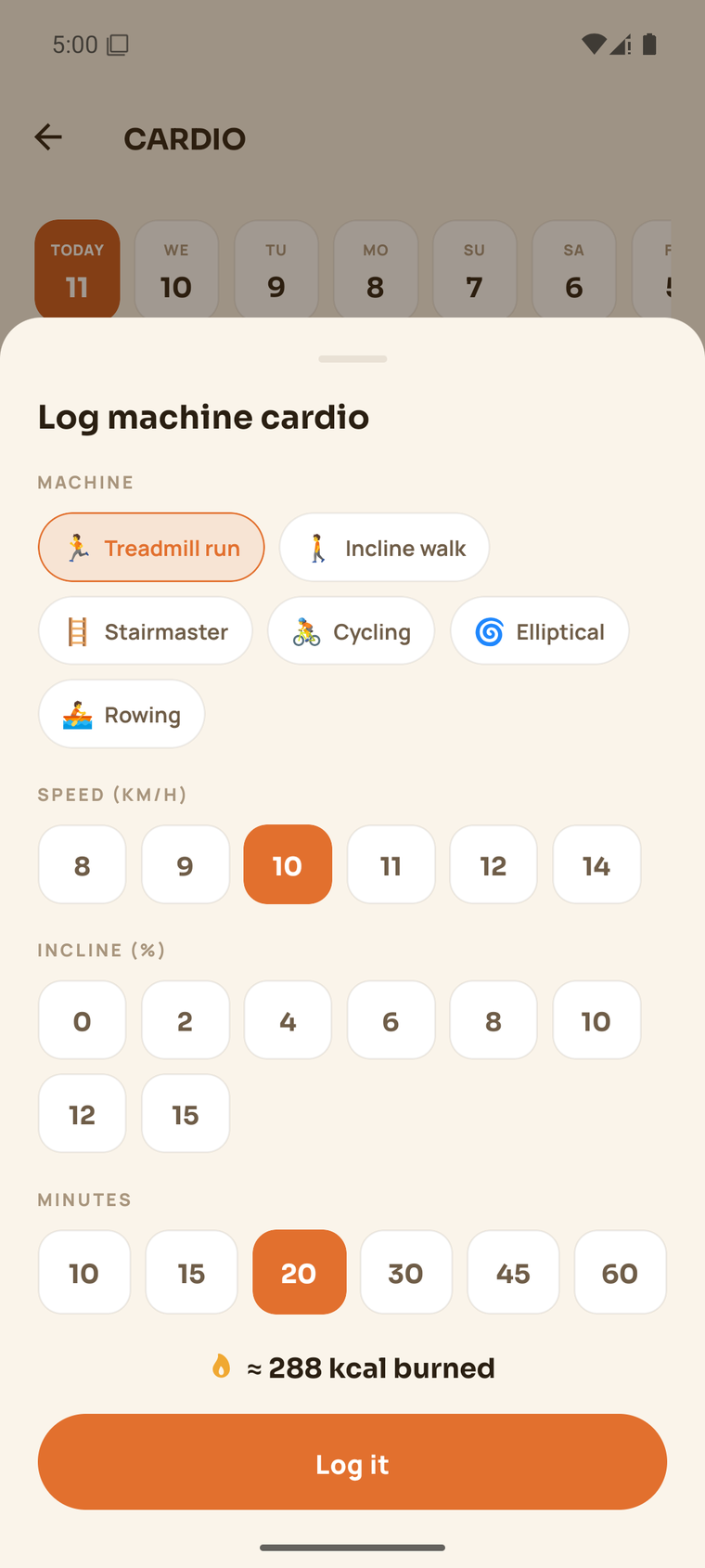 Veya machine cardio logging with live calorie estimate