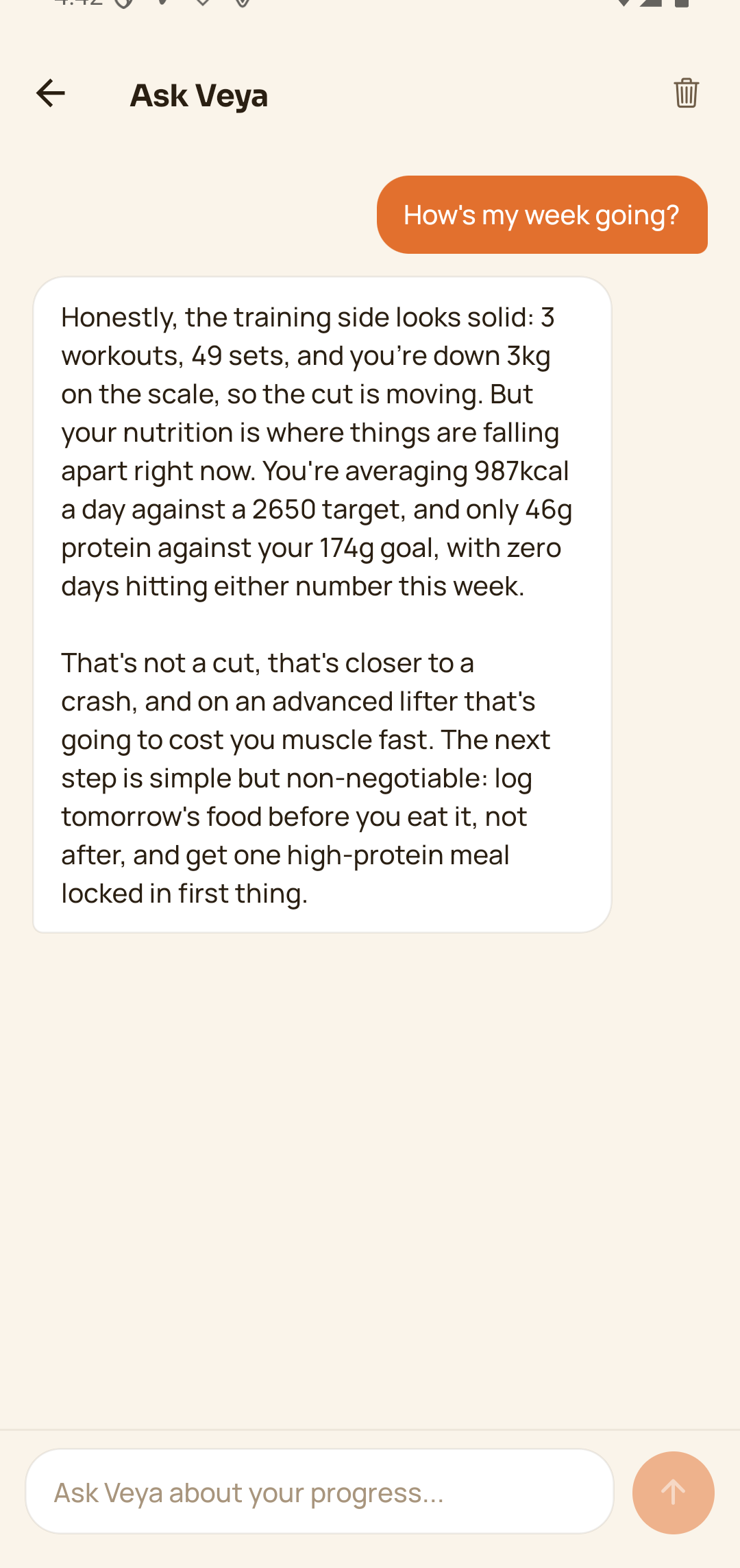 Ask Veya answering a question about the user's own training data