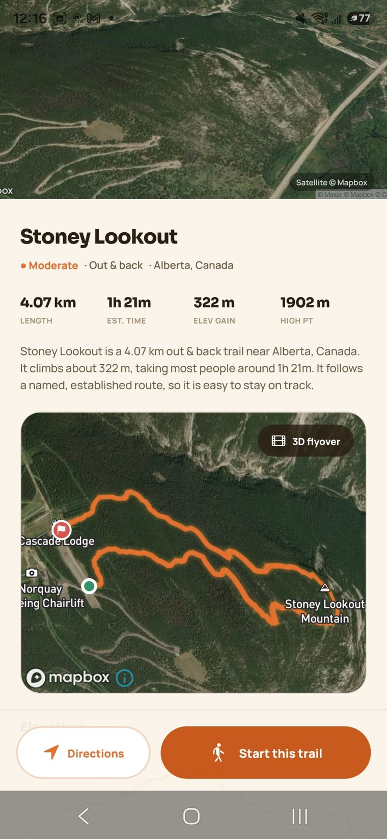 Veya trail detail with length, elevation, 3D map and directions