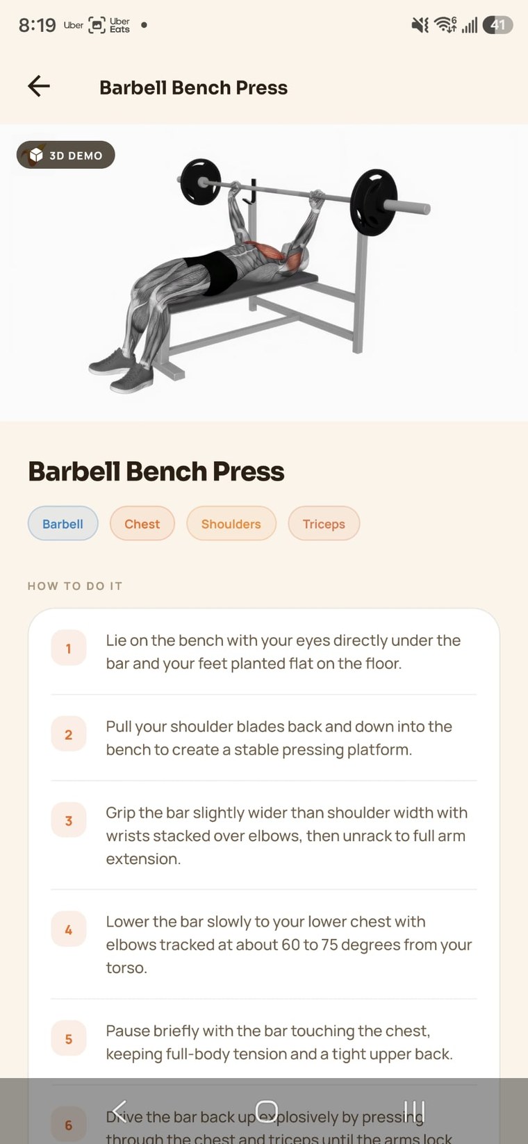 Veya 3D exercise demo and step-by-step form cues for the barbell bench press